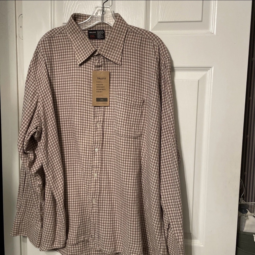 Tru Fit Men's 2XL Brown Check Flannel Shirt Plaid Cotton work Shirt NWT